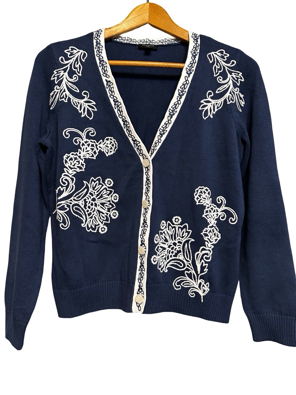 Talbots Blue Embroidered Vneck Cardigan Medium Petite Floral Relaxed 100% Cotton